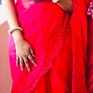 Red Party Wear Elegant Net Saree With Embroidery