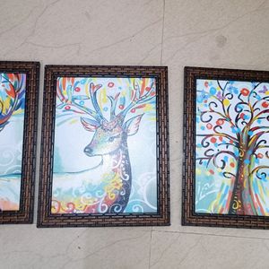 Set Of 3 Dear Framed   Wooden Art Painting  without Glass Digital Reprint