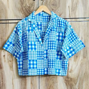 Blue Printed Crop Shirt Size-38