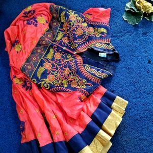 Grand Multicolour Embroidery Frock With Collar