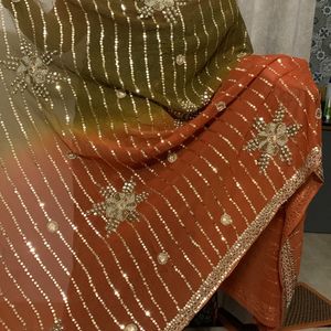 “Pure- Fabric”Orange-olive Sari With Blouse