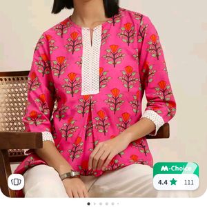 Here&Now Ethic Pink Cotton Kurti With Lace