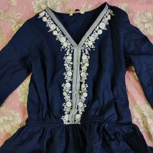 V Neck Navy Blue Cinched Waist Top