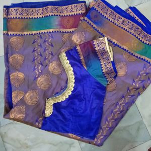 Blue 💙 Saree With Stitched MAGGAM  BLOUSE