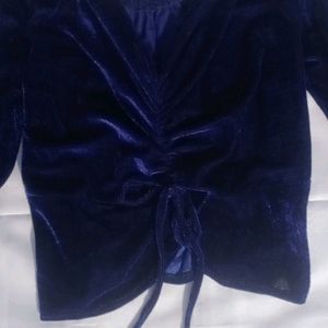 Navy Blue Velvet Crop Top With V Neck