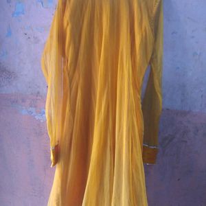 Beautiful Real Diamond Yellow Net Gown, Damage In