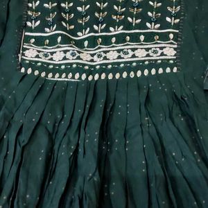 Dark Green Cotton Anarkali With Beautiful Work