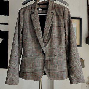 Zara Plaid Relaxed Single Breasted Blazer