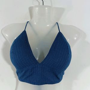 Blue Embroidered Backless Crop Top (Women)