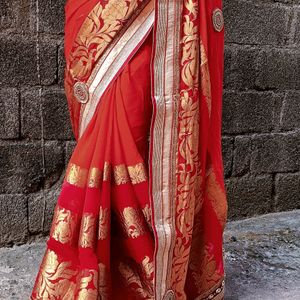 New Red Saree With Unstitched Blouse Piece