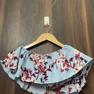 Floral Blue Crop Top With Side Slit Skirt Cord Set