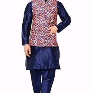 Men's Silk Navy Blue Kurta Pyjama & Printed jacket