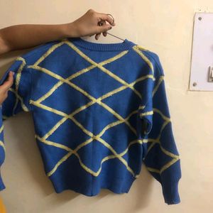 Blue Pullover Sweater With Yellow Strips Lines