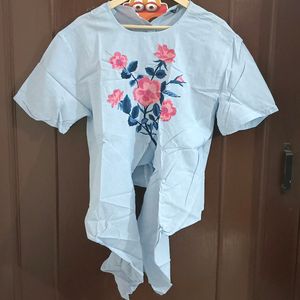 Baby Blue Embroidered Floral Tie Up Top