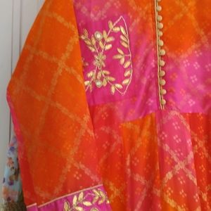 Gota Patti Work Gown Leheriya Bandhej Women