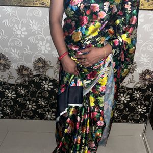 Black floral saree with attached blouse