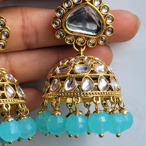 Turquoise Blue Kundan Jhumka Set