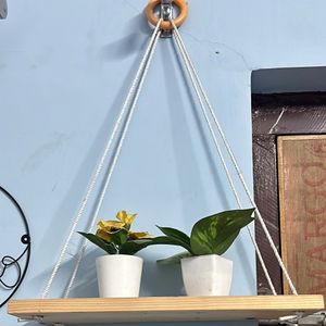 Wooden Macrame Hanging Shelf With Ikea Plants