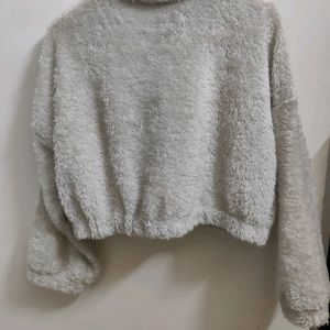 Women Grey Melange Faux Fur Solid Crop Sweatshirt