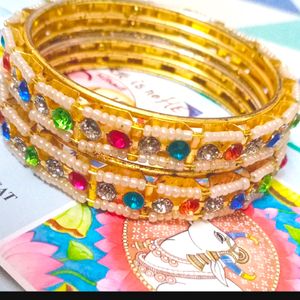 Golden Pearl Bangles With Jhumka Pair