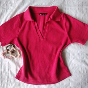 Pink Fitted Polo Tee Cropped