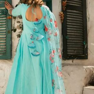 Turquoise Ethnic Gown With Organza Duptta