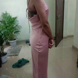 Peach Colour Silk Backless Dress.