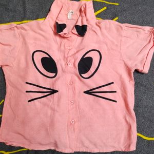 Cat Print Crop Shirt Top Size S