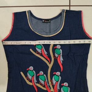 Dark Blue Parrot Design Sleeveless Kurti