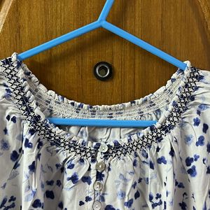 White Blue Printed Top