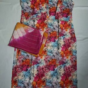 Pink Color Floral Kurti With Dupatta