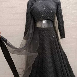 Thread Work Grey Lehengacholi Set