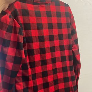 Red& Black Check Cuffed Sleeve Knee Length Shirt