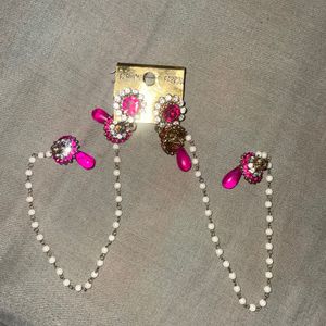 Pink Crystal Jhumka With Kaan Chain