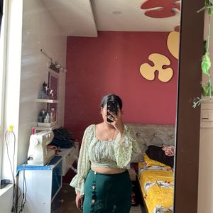 Full Sleeveless Light Green Top And Gree Skirt