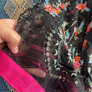 Black Dupatta With Multicolor Embroidery On Border