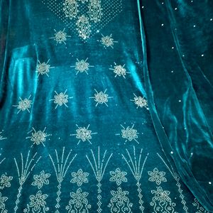 Velvet Dress Material With Shawl Peacock Colour