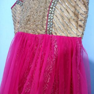 Pink Gorgeous, Stone Platted , Layered Golden And Pink Ethnic Gown