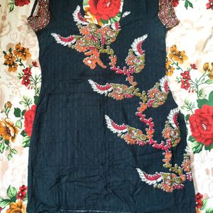 Stitched Black Embroied Cotton Kurtha | Size 38