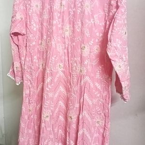 White-Gold Embroidery Pink Anakarkli Cotton Kurta