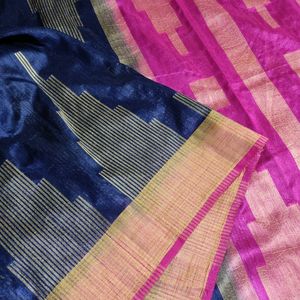 Navy Blue And Pink Jute Silk Saree