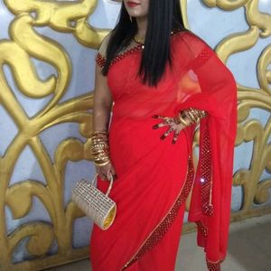 Designer Red Saree With Golden Blouse