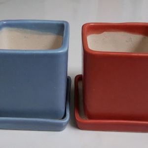 2 Square Shape Ceramic Plant Pot With Plate