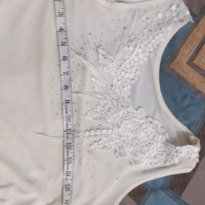 Off White Sleeveless Embroidered Net top