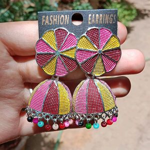 Pink And Yellow Jumka Earrings❤