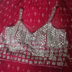 🔥Spot Offer Hot Pink Mirror Work Lahenga🔥