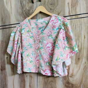 Pink Printed Crop Top Size-38