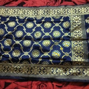 Blue Silk Dupatta With Golden Print