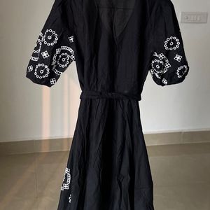 Balloon Puffed Sleeve Cutwork Embroidered Dress