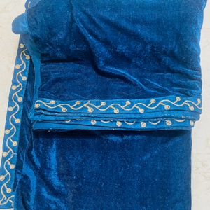 Unused Teal Blue Velvet Saree